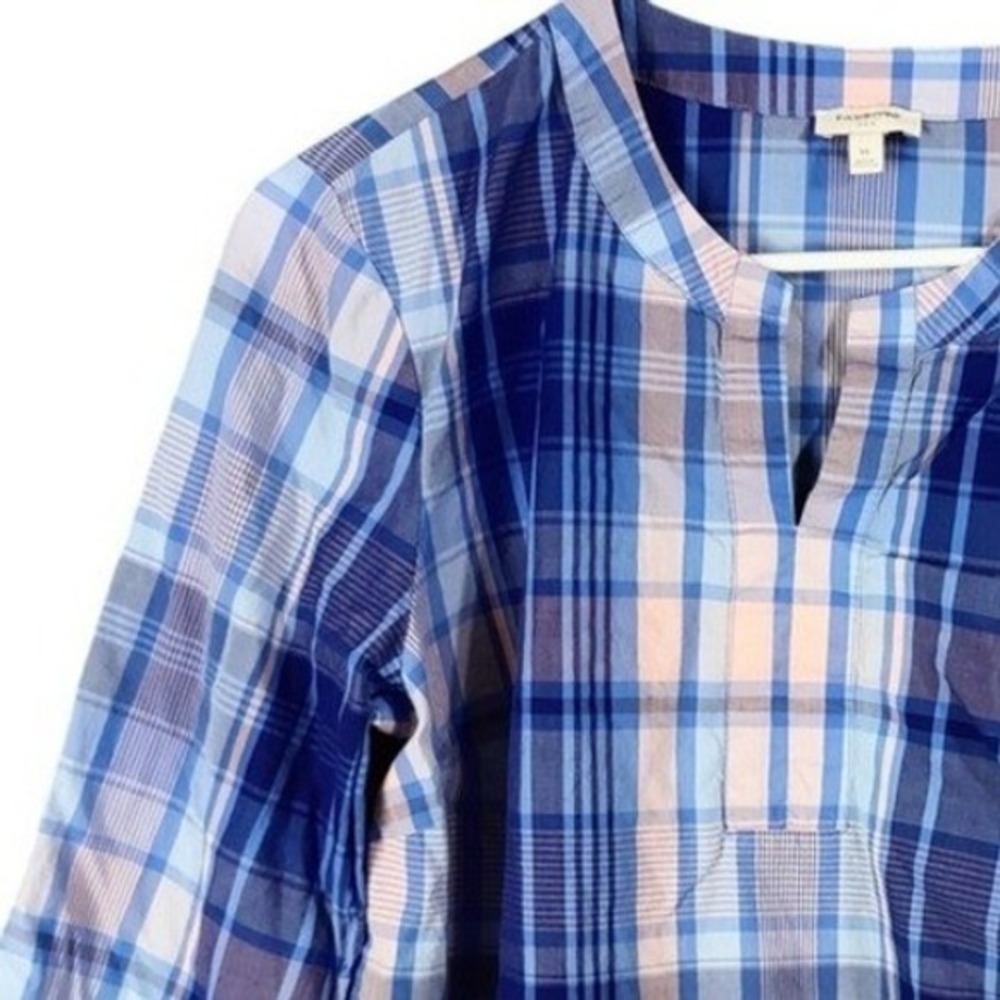 Talbots Womens Preppy Coastal Plaid Bell Sleeve Blouse M Blue Pink Split Neck - Picture 6 of 8